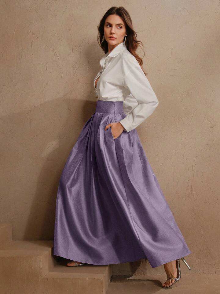 CM-BS934212 Women Elegant Seoul Style High Waisted Puff Pleated Long Skirt - Purple