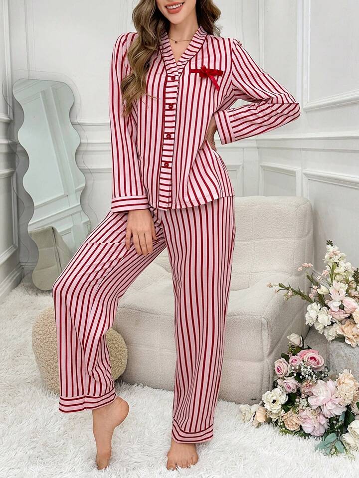 CM-LS158065 Women Trendy Seoul Style Bow-Tie Striped Long Sleeve Top With Pants Sleepwear Set - Red