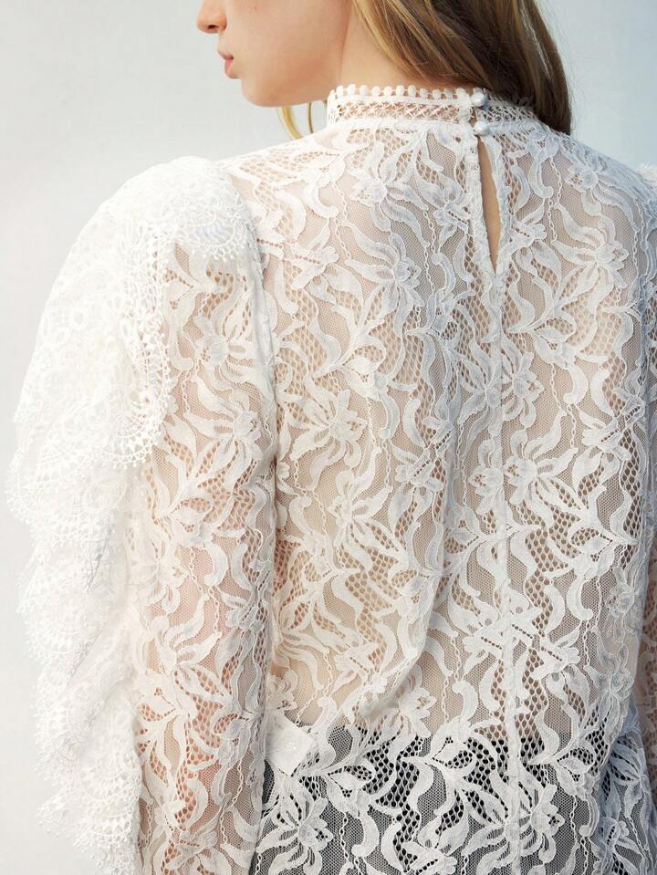 CM-TS396931 Women Elegant Seoul Style Button Back Long Sleeve Embroidery Sheer Blouse - White