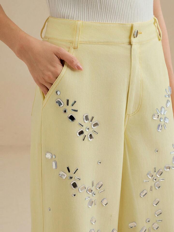 CM-BS166262 Women Casual Seoul Style Baggy Rhinestone Decor Pocket Wide Leg Denim Jeans - Yellow