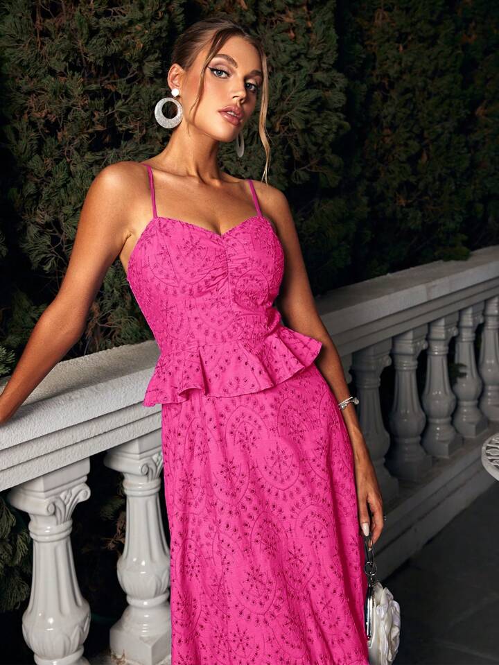 CM-DS823626 Women Elegant Seoul Style Embroidered And Eyelet Ruffle Hem Cami Dress - Hot Pink