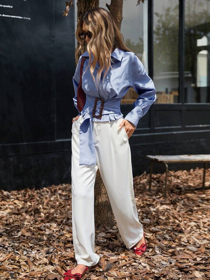 CM-TS203028 Women Casual Seoul Style Oversized Buckle Puff Sleeve Striped Button Up Shirt - Navy Blue
