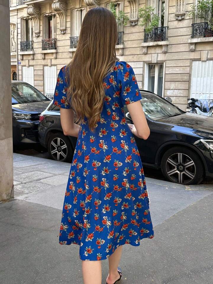 CM-DS664541 Women Casual Seoul Style Shawl Collar Short Sleeve Printed High Waist Midi Dress