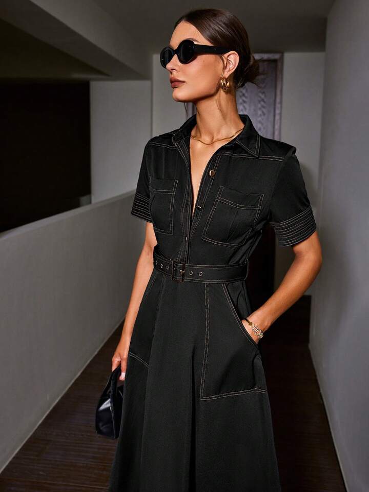 CM-DS497701 Women Casual Seoul Style Collar Neckline Short Sleeve Denim Dress - Black
