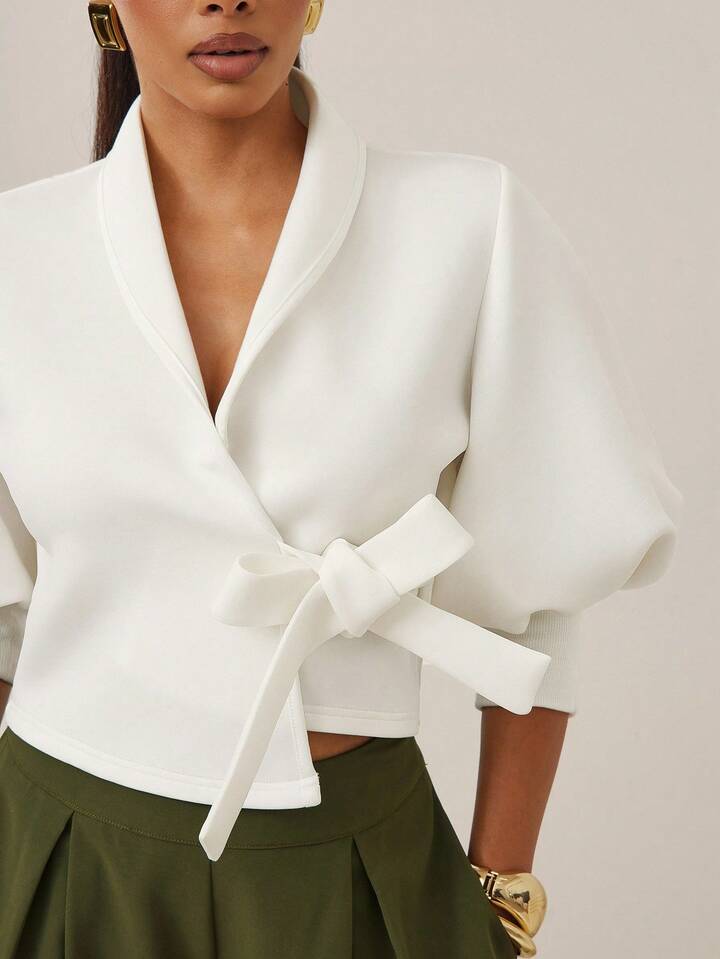 CM-TS619000 Women Elegant Seoul Style Solid Color Puff Sleeve Self Tie Wrap Around Top - White