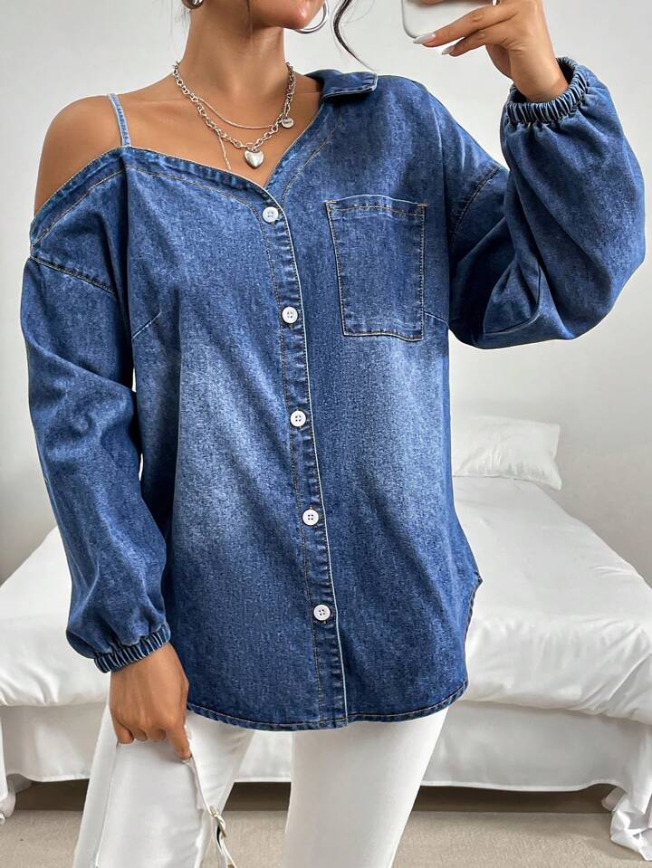 CM-TS782198 Women Casual Seoul Style Medium Wash Oversized Long Sleeve Open Shoulder Denim Top