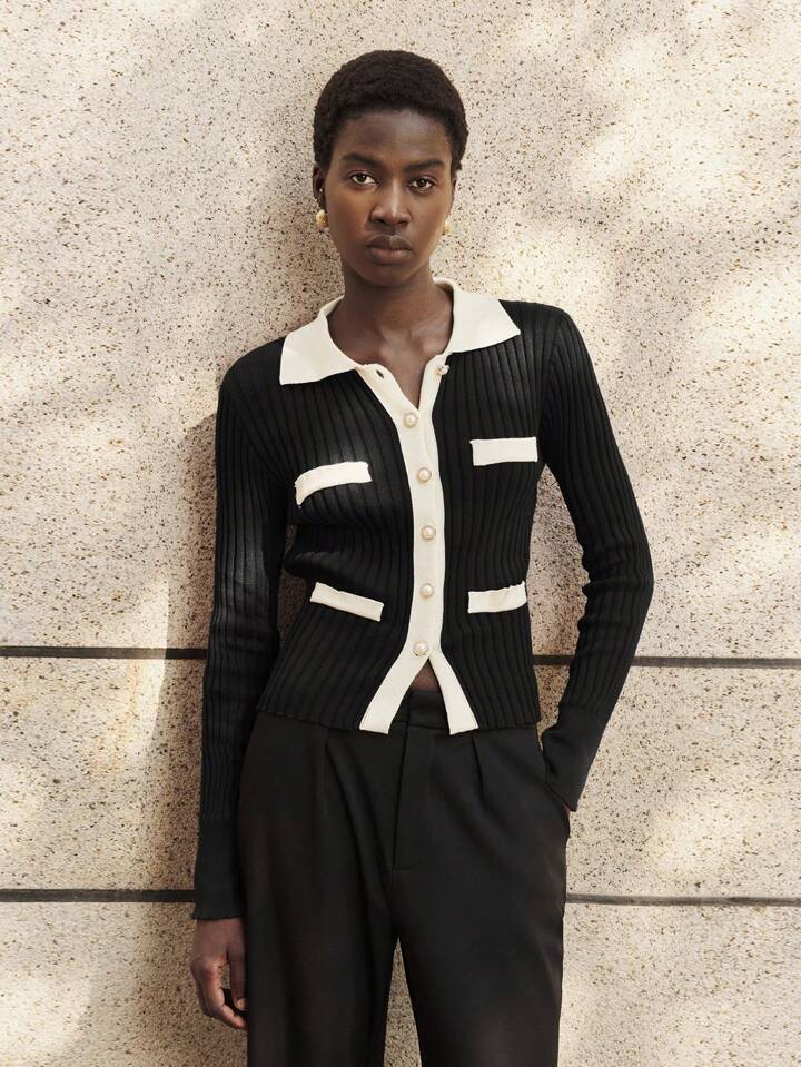 CM-CS183691 Women Casual Seoul Style Collar Neckline Long Sleeve Colorblock Knitted Sweater - Black