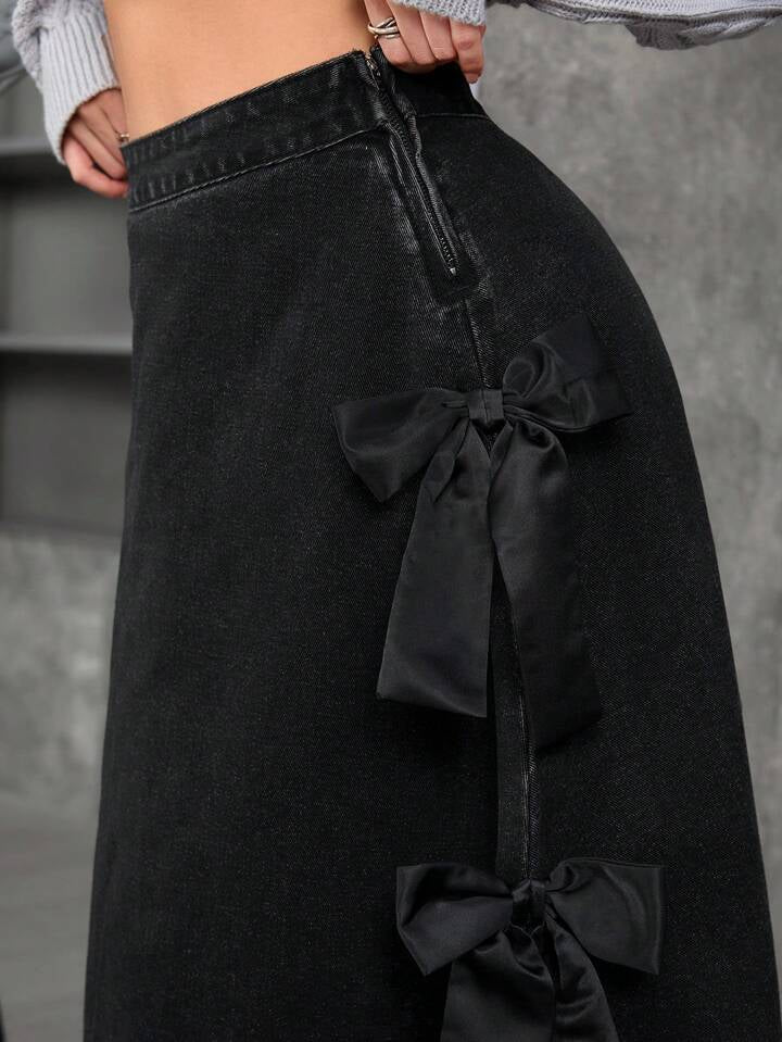 CM-BS823825 Women Casual Seoul Style Lace Up Bow Decor Loose Denim Skirt - Black