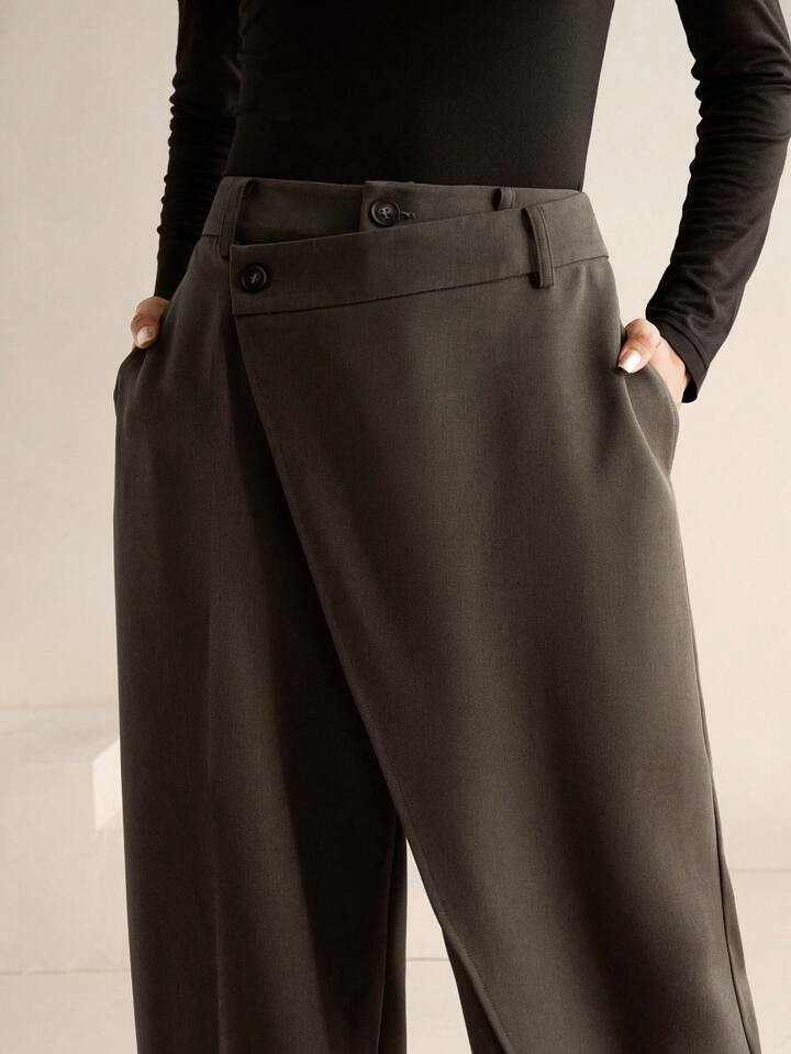 CM-BS888663 Women Elegant Seoul Style Asymmetrical Draping Cross-Wrap Pockets Straight-Leg Pants - Gray