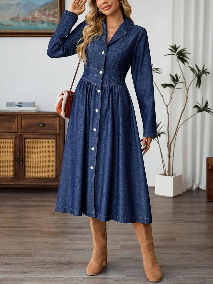 CM-DS021333 Women Elegant Seoul Style Dark Wash Lapel Neckline Long Sleeve Single-Breasted Denim Dress