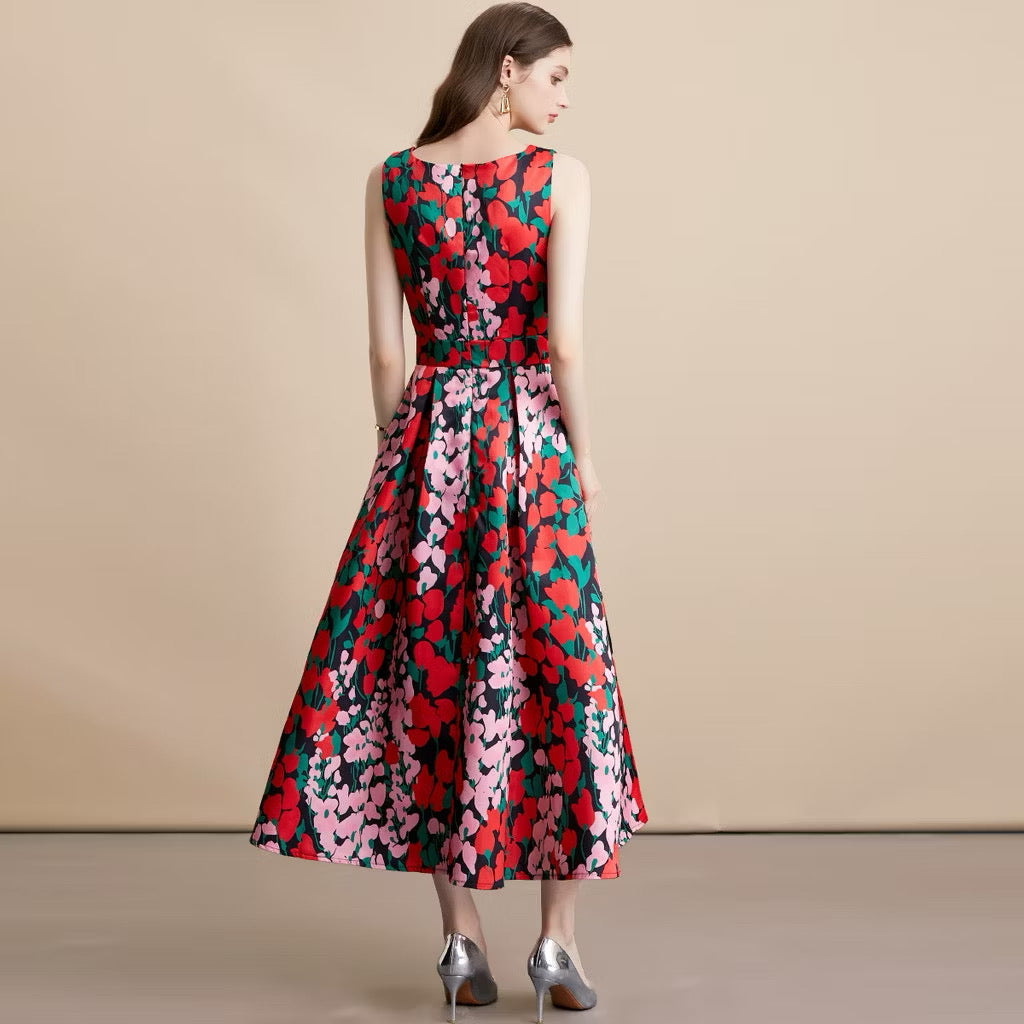 CM-DY054159 Women Elegant European Style Round Neck Sleeveless Pinched Waist A-Line Midi Dress