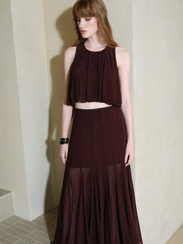 CM-SS547774 Women Trendy Bohemian Style Mesh Sleeveless Halter Neck Tank Top With Fitted Maxi Skirt - Set