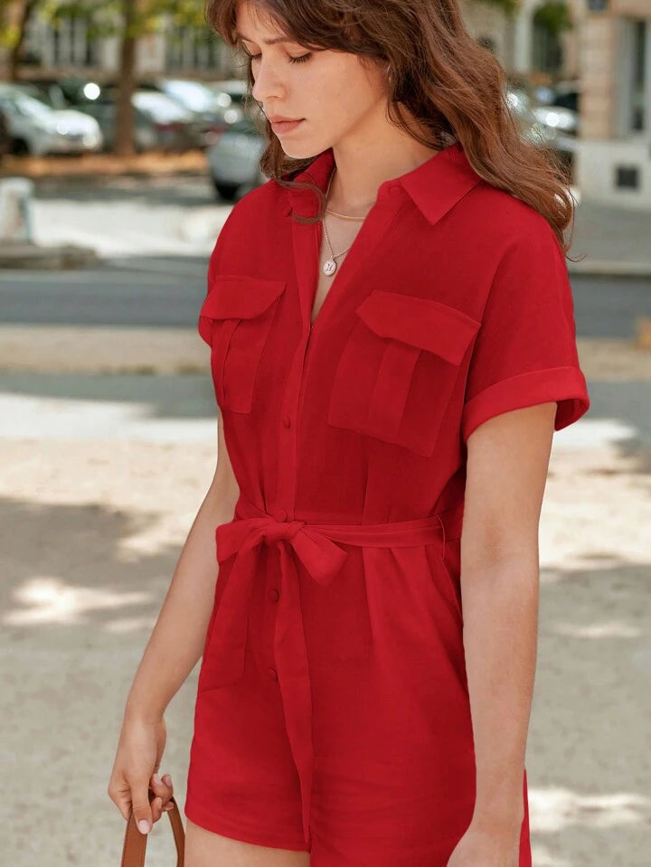 CM-JS135321 Women Casual Seoul Style Shirt Collar Roll up Short Sleeve Romper - Red