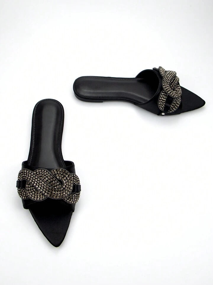 CM-SHS613330 Women Trendy Seoul Style Satin Rhinestone Decor Slide Sandals - Black