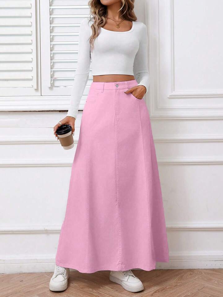 CM-BS696212 Women Casual Seoul Style Solid Color Front Button Pocket Denim Midi Skirt - Pink