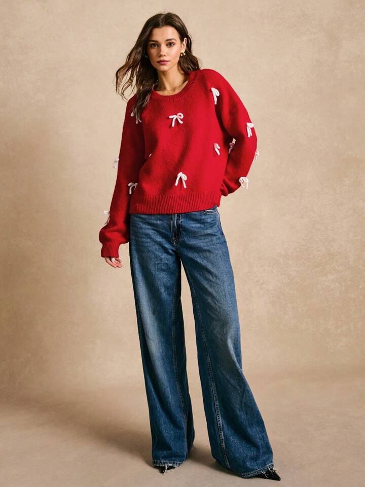 CM-CS558040 Women Casual Seoul Style Round Neck Drop Shoulder Bow Decor Sweater - Red