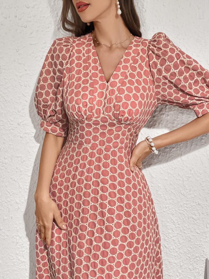 CM-DS301719 Women Elegant Seoul Style Polka Dot Print V-Neck Short Sleeve Belted Dress - Pink