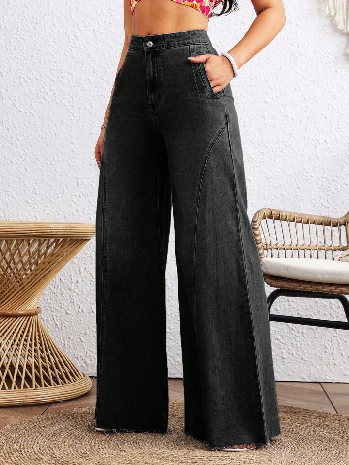 CM-BS529624 Women Casual Seoul Style Loose Button Zipper Mom Fit Wide Leg Denim Pants - Black