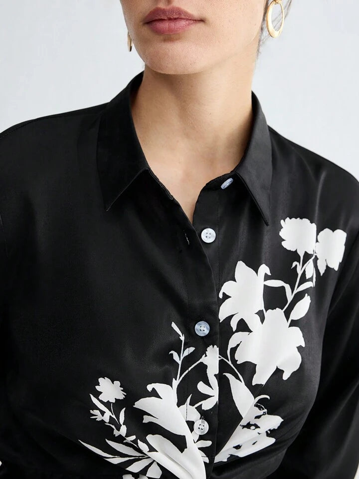 CM-TS676973 Women Elegant Seoul Style Plant Print Twist Front Hem Long Sleeve Shirt