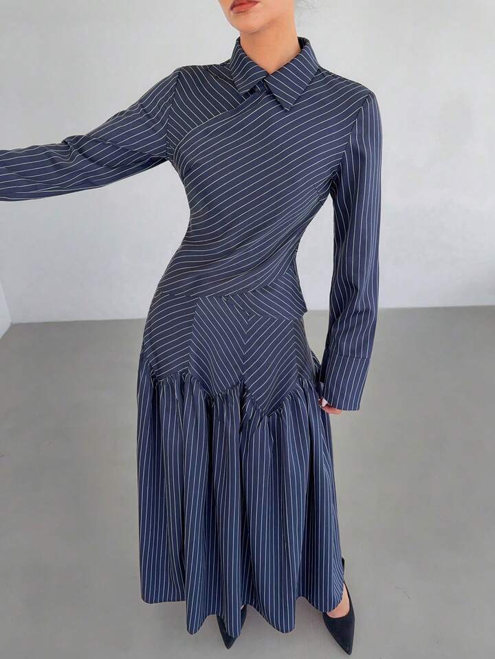 CM-SS688596 Women Elegant Seoul Style Striped Collar Neckline Long Sleeve Shirt With Pleated Maxi Skirt - Set