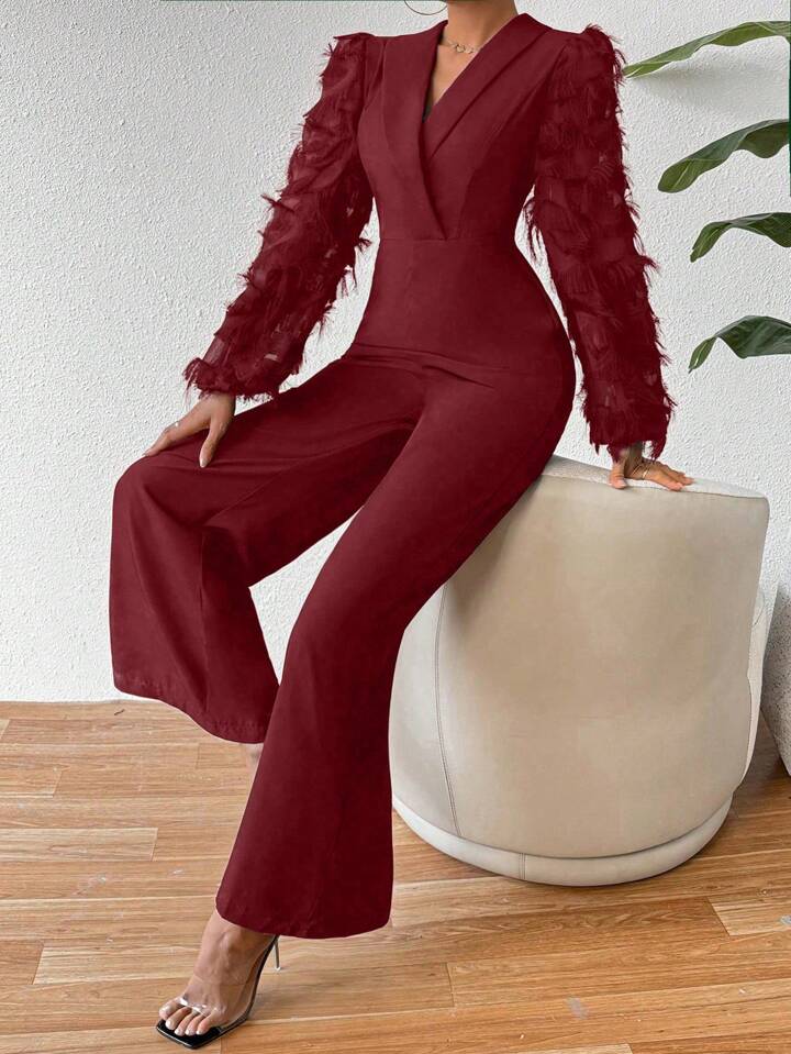 CM-JS241004 Women Elegant Seoul Style Tassel Trimmed Shawl Collar Wide Leg Jumpsuit - Burgundy