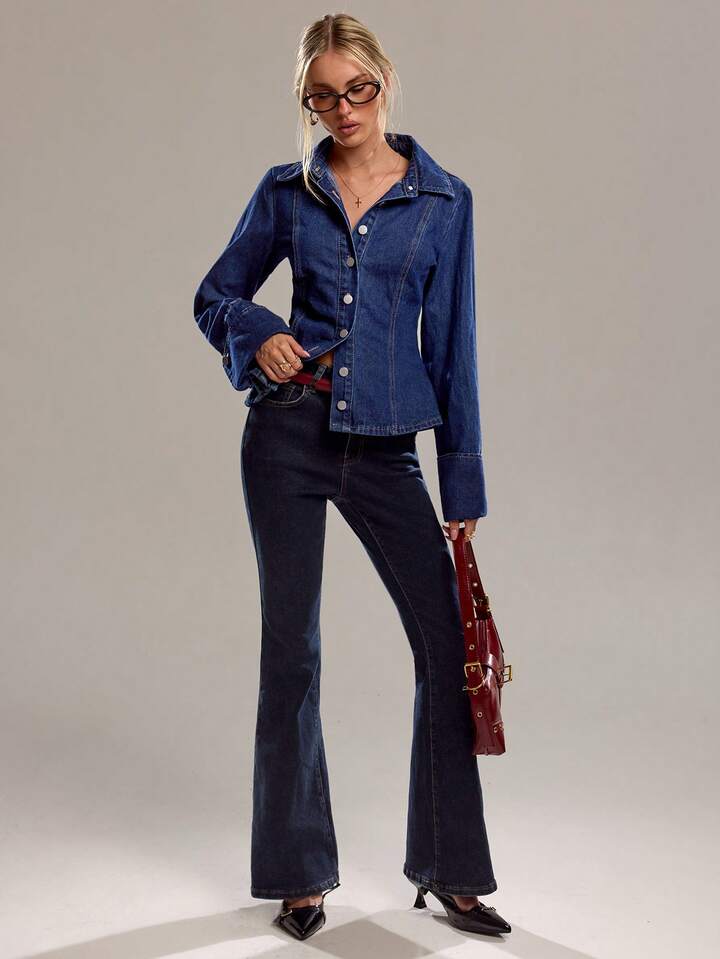 CM-CS618251 Women Casual Seoul Style Collar Neckline Single Breasted Long Sleeve Denim Jacket - Blue