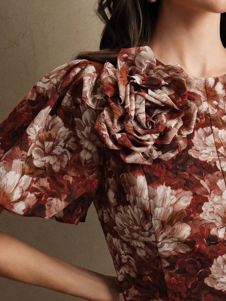 CM-DS955174 Women Elegant Seoul Style Floral Print Round Neck Puff Sleeve And Cinched Waist Mini Dress