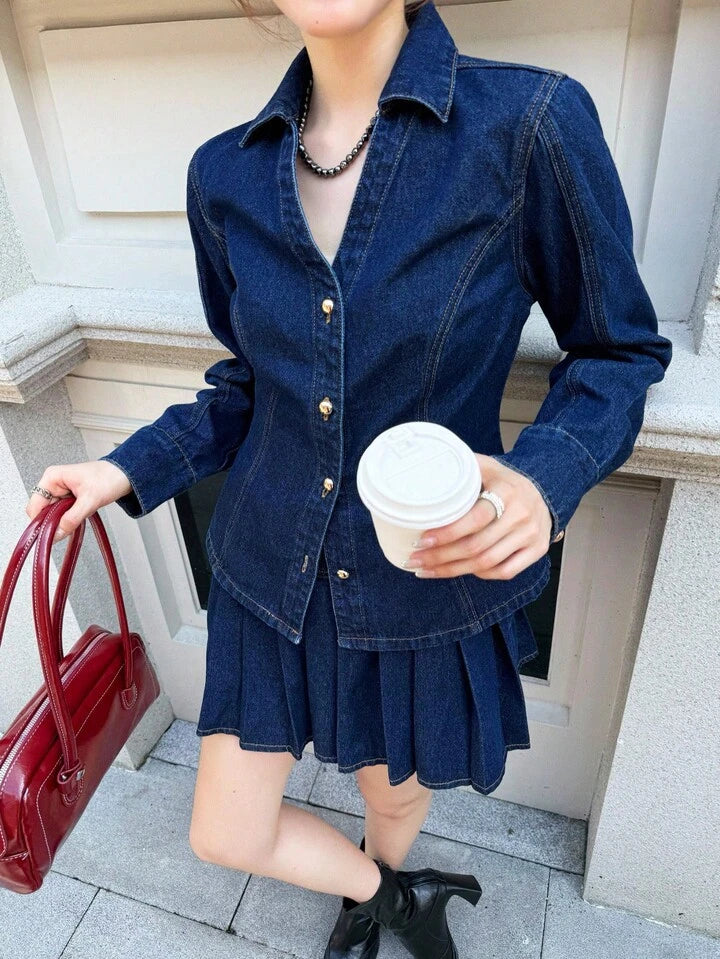 CM-SS937756 Women Casual Seoul Style Dark Wash Long-Sleeved Single-Breasted Denim Top With Pleated Skirt - Set
