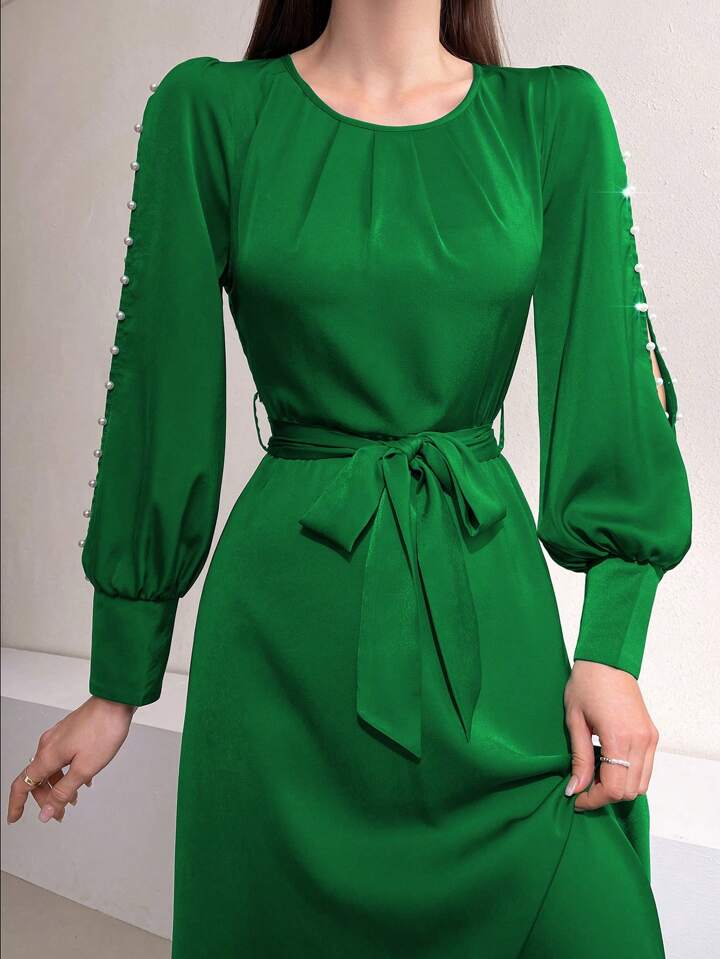 CM-DS988088 Women Elegant Seoul Style Round Neck Pearl Studs Hollow Out Dress - Green