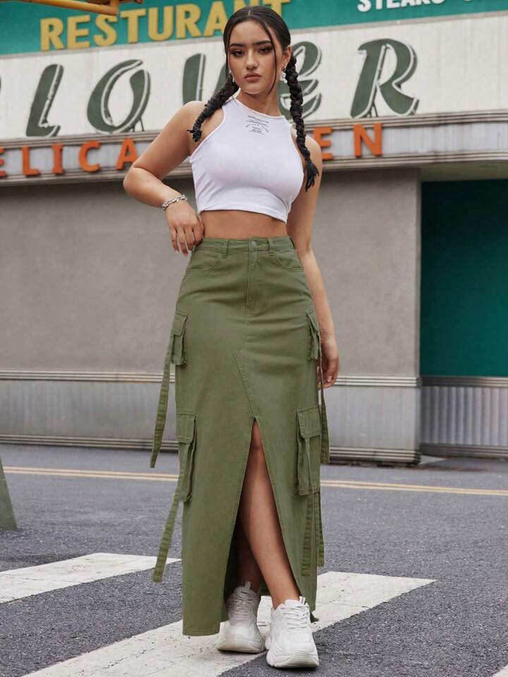 CM-BS051288 Women Casual Seoul Style Front Button Pocket Slit Denim A-Line Skirt - Army Green