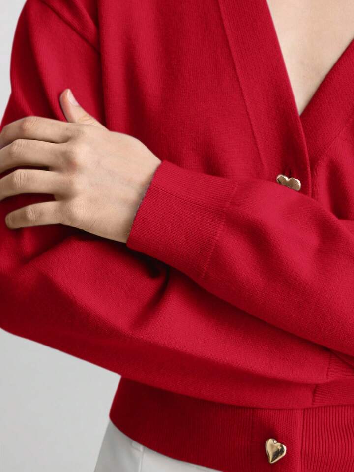 CM-CS174676 Women Casual Seoul Style Heart Shaped Button Front Cardigan - Red
