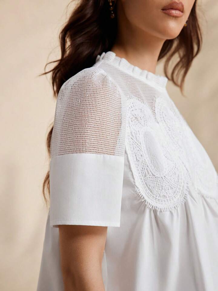 CM-TS479488 Women Casual Seoul Style Round Neck Puff Sleeve Lace Patchwork Loose Shirt - White