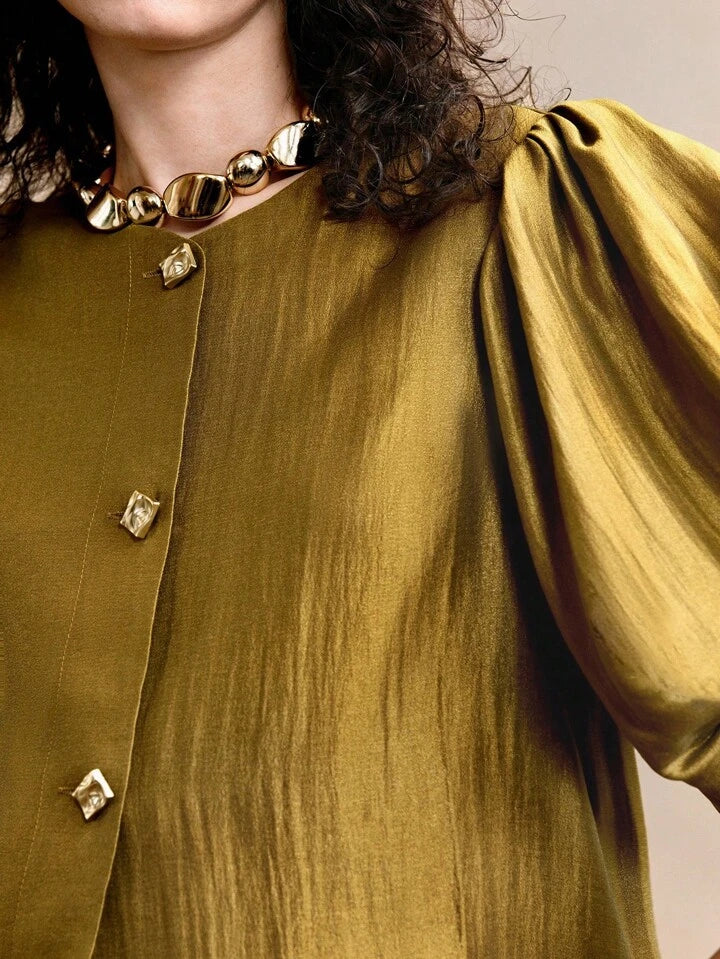 CM-TS013428 Women Elegant Seoul Style Satin Round Neck Puff Sleeve Golden Metal Button Decor Blouse
