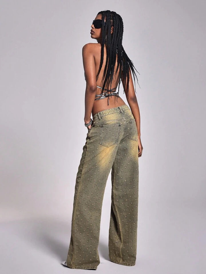 CM-BS020066 Women Casual Seoul Style Dark Wash Ultra Low Waist Straight-Leg Denim Jeans