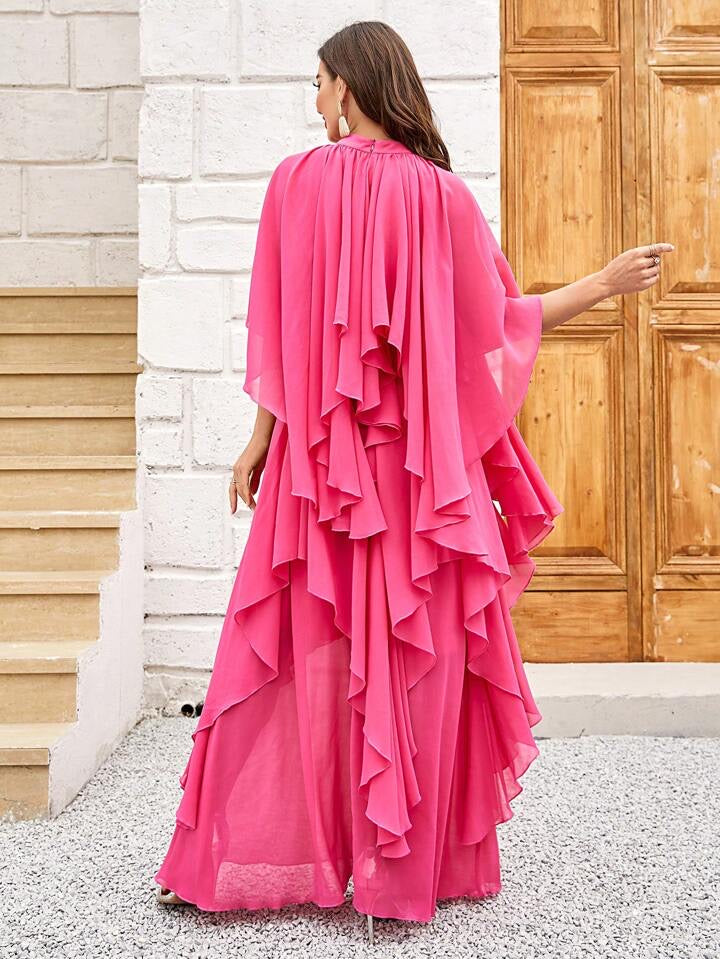 CM-DS814845 Women Elegant Seoul Style Ruffle Trim Batwing Sleeve Chiffon Dress - Hot Pink