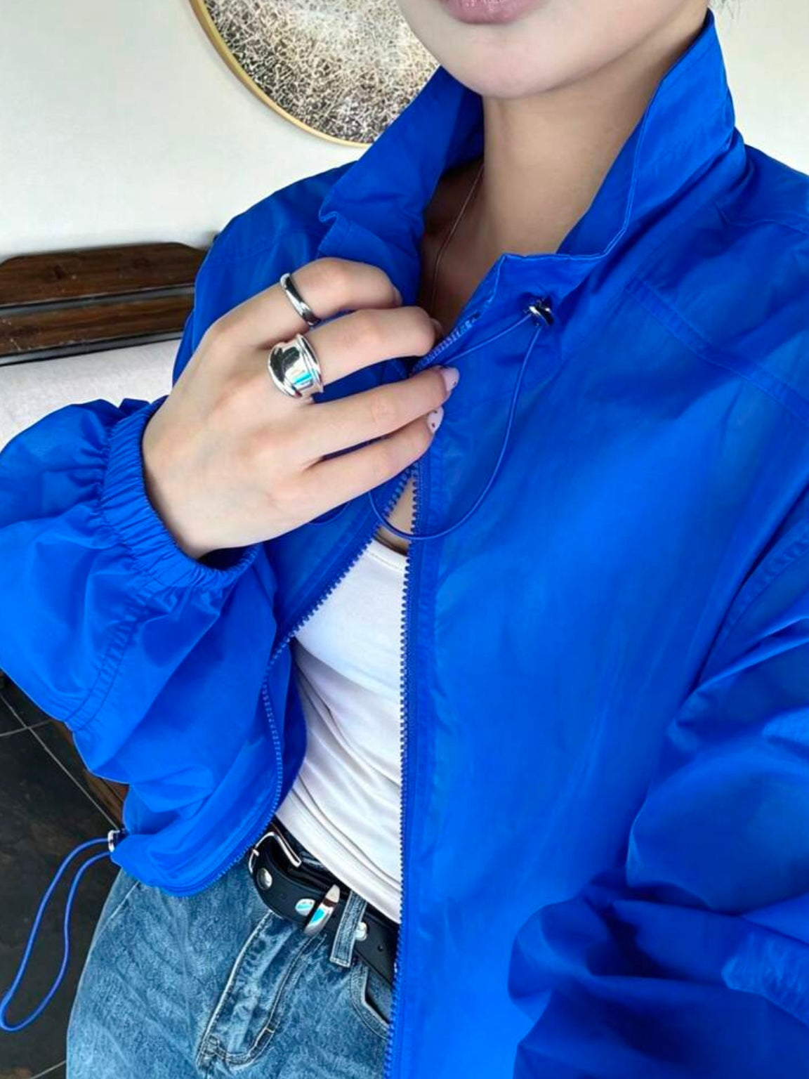 CM-CS788067 Women Casual Seoul Style Drawstring Collar Loose Fit Short Lightweight Jacket - Blue