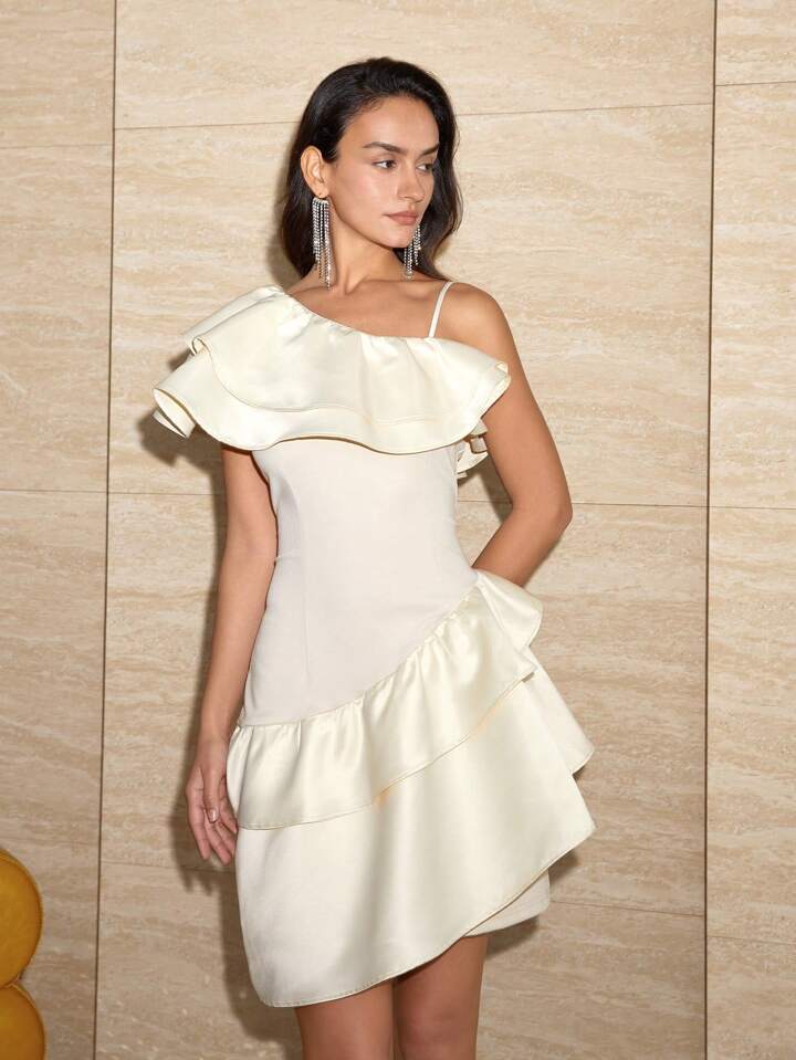 CM-DS514164 Women Eleagnt Seoul Style Solid Color Asymmetric Collar Ruffle Edge Dress - Apricot