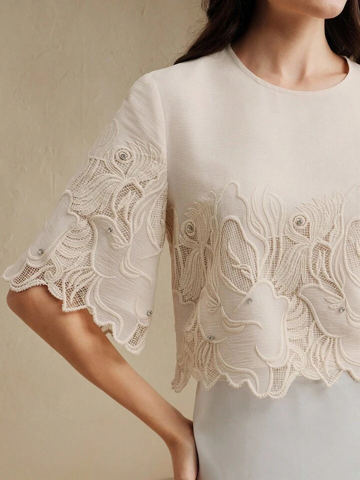 CM-TS932971 Women Elegant Seoul Style Embroidered Sheer Round Neck Short Sleeve Crop Top