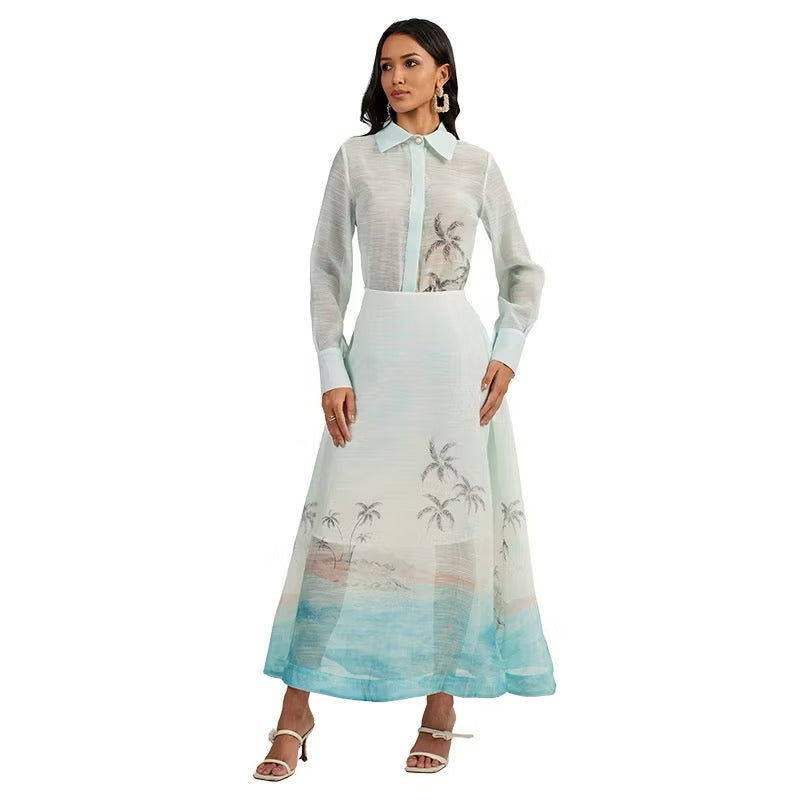 CM-SY044425 Women Elegant European Style Collar Neckline Long Sleeve Blouse With Long Skirt - Set