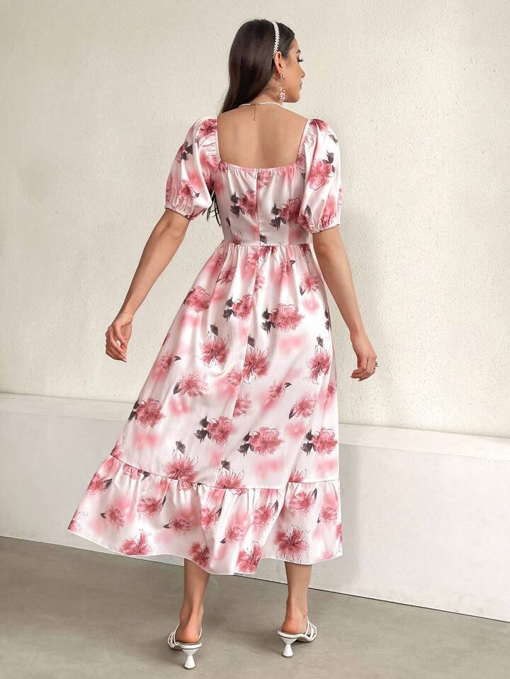 CM-DS703995 Women Casual Seoul Style Floral Print Sweetheart Neckline Ruffle Hem Dress