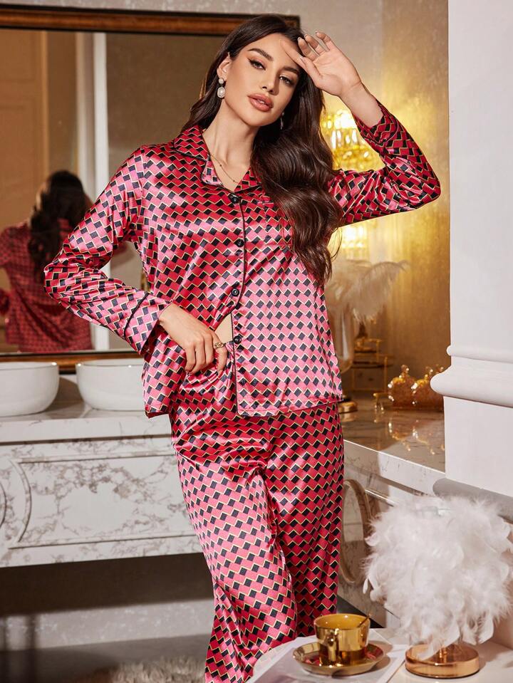 CM-LS304006 Women Trendy Seoul Style Turndown Collar Long Sleeve Rhombus Print Pajama Set