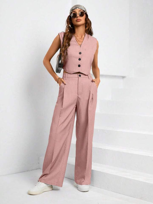 CM-SS735122 Women Elegant Seoul Style Button Front Vest Blazer With Wide Leg Pants Suit - Dusty Pink