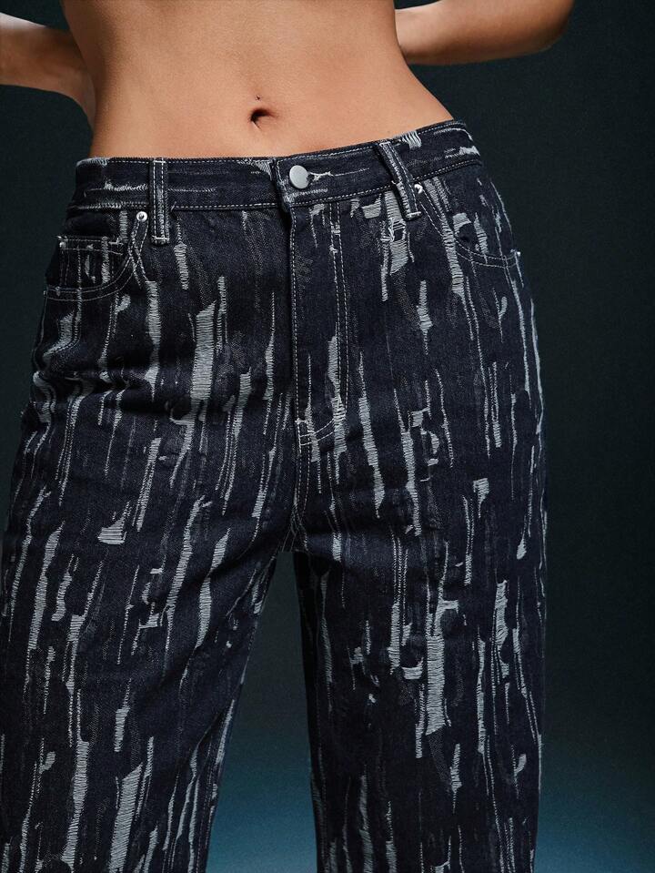 CM-BS020354 Women Casual Seoul Style Dark Wash Distressed Baggy Slant Pocket Straight Leg Jeans