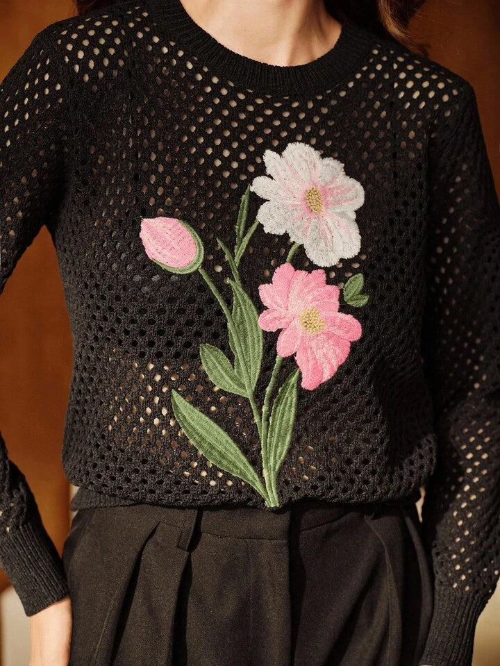 CM-CS369333 Women Elegant Seoul Style Floral Embroidery Hollow Out Crew Neck Long Sleeve Sweater - Black