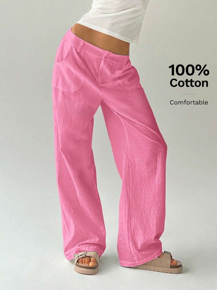 CM-BS234797 Women Casual Seoul Style Solid Color Low Waist Loose Straight Leg Pants - Pink