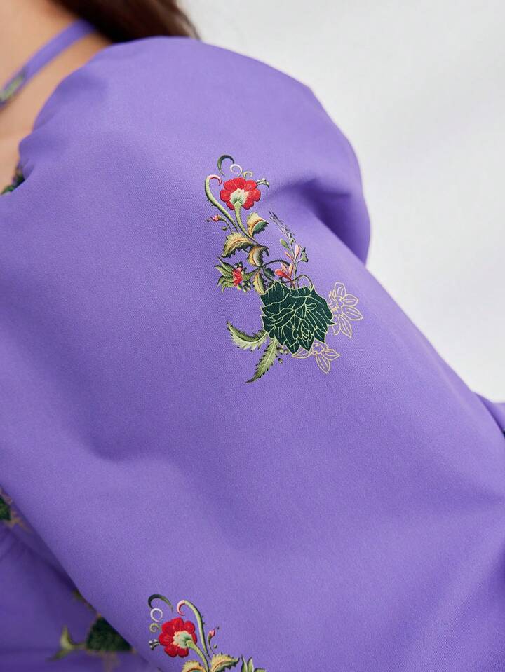 CM-DS444291 Women Casual Seoul Style Floral Print Short Puff Sleeve Long Dress - Purple