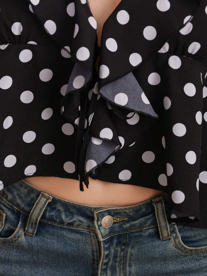 CM-TS864365 Women Casual Seoul Style Tie-Front Button-Up Long Sleeve Ruffle Hem Top