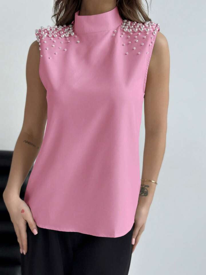 CM-TS810419 Women Casual Seoul Style Sleeveless Beaded Stand Collar Padded Shoulder Shirt