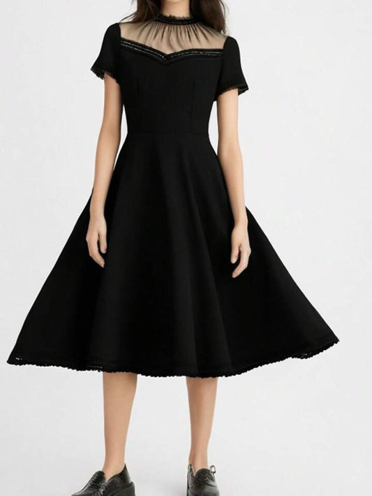 CM-DS187411 Women Elegant European Style Mesh Stitching Short Sleeve Mid-Length Dress - Black