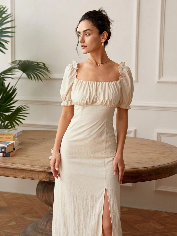 CM-DS171771 Women Casual Seoul Style Square Neckline Short Sleeve Side Slit Pleated Dress - Apricot